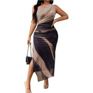 Plus Size Women's Tie Dye Sleeveless Maxi Dress with Slit Mesh Style